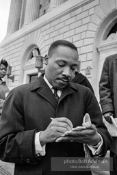 King after learning of the removal of the federal injunction against a march from Selma to Montgomery, Montgomery 1965. King after learning of the removal of the federal injunction against a march from Selma to Montgomery, Montgomery 1965.