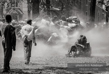 Demonstrators hold onto each other to face the spray, Kelly Ingram Park, Birmingham 1963