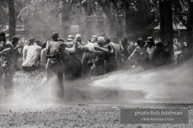 Demonstrators hold onto each other to face the spray, Kelly Ingram Park, Birmingham 1963