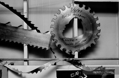 Ruined saw blades on the wall in the saw filer room at Boise-Cascade. (1989)