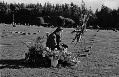 Tess Gallagher at Carver’s grave at Ocean View Cemetery in Port Angeles, Washington. (1989)