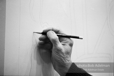 Roy Lichtenstein, while working on his painting Interior with Woman Leaving. 1996.-photo©Bob Adelman, artwork ©Estate of Roy Lichtenstein