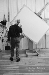 Roy Lichtenstein, while working on his painting Interior with Woman Leaving. 1996.-photo©Bob Adelman, artwork ©Estate of Roy Lichtenstein