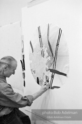 Roy Lichtenstein at work on his study for Flowers with Bamboo, 1996.-photo©Bob Adelman, artwork ©Estate of Roy Lichtenstein