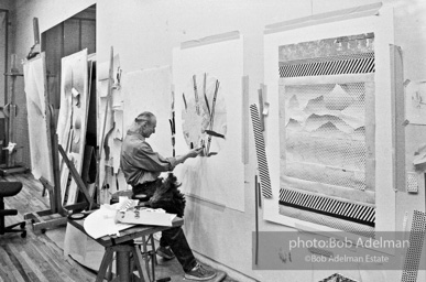 Roy Lichtenstein at work on his study for Flowers with Bamboo, 1996.-photo©Bob Adelman, artwork ©Estate of Roy Lichtenstein