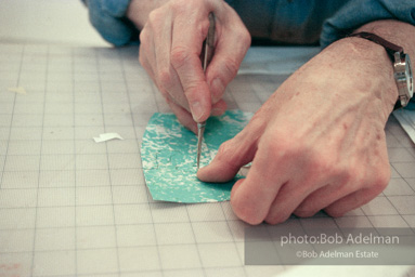 Roy Lichtenstein at work on his study for Flowers with Bamboo, 1996.-photo©Bob Adelman, artwork ©Estate of Roy Lichtenstein