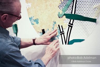 Roy Lichtenstein at work on his study for Flowers with Bamboo, 1996.-photo©Bob Adelman, artwork ©Estate of Roy Lichtenstein