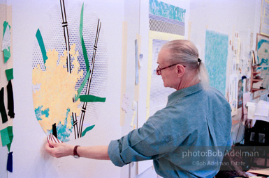 Roy Lichtenstein at work on his study for Flowers with Bamboo, 1996.-photo©Bob Adelman, artwork ©Estate of Roy Lichtenstein