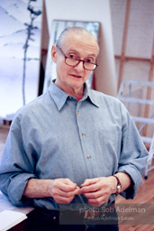 Roy Lichtenstein in his studio while at work on his Chinese Landscapes. 1996.-photo©Bob Adelman, artwork ©Estate of Roy Lichtenstein