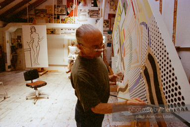Roy Lichtenstein at work on his Interior with Painting and Still Life. 1997.-photo©Bob Adelman, artwork ©Estate of Roy Lichtenstein