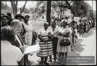 Frank Robinson, CORE field secretary in South Carolina, organized a protest where hundreds of black voters conducted a stand-in to call attention to their inability to register to vote because of lack of staff and the nature of the registration process. Kingstree, SC, March, 1963