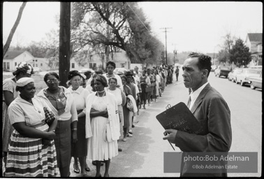 Frank Robinson, CORE field secretary in South Carolina, organized a protest where hundreds of black voters conducted a stand-in to call attention to their inability to register to vote because of lack of staff and the nature of the registration process. Kingstree, SC, March, 1963