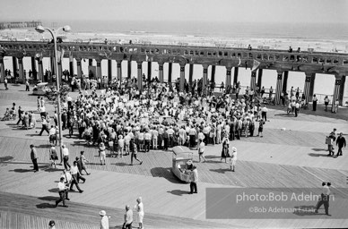 On the boardwalk in Atlantic City, New Jersey, Students gather outside the Democratic National Convention in support for the Mississippi Freedom Democratic Party.1964.