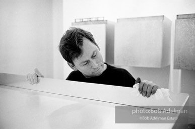 Donald Judd, minimalist sculptor, assembling his work for an exhibition at the Leo Castelli Gallery. circa 1966 Donald Judd, minimalist sculptor, assembling his work for an exhibition at the Leo Castelli Gallery. circa 1966