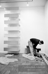 Donald Judd, minimalist sculptor, assembling his work for an exhibition at the Leo Castelli Gallery. circa 1966 Donald Judd, minimalist sculptor, assembling his work for an exhibition at the Leo Castelli Gallery. circa 1966