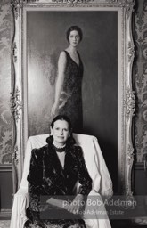 Gloria Vanderbilt in her upper east side New York apartment poses under a portrait of her mother, Gloria Laura Mercedes Morgan-Vanderbilt. In a sensational legal battle her mother lost custody of her daughter Gloria. New York City, 1980.