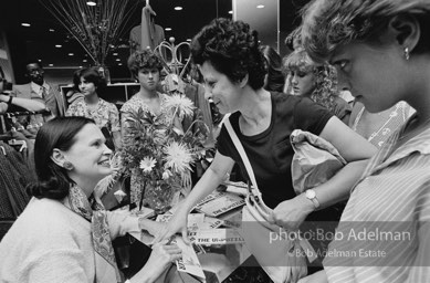 Scenes during Gloria Vanderbilt's promotiom for her line of jeans at a suburban department store, New Jersey.1980