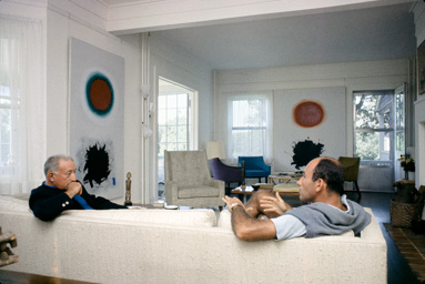 Adolph Gottlieb with collector Ben Heller at the Gottlieb's home in East Hampton, NY, 1964. They are sitting in front of the paintings (left to right) Red and Green (1961) and Roman Two (1961). photo:©Bob Adelman/Artwork:©Adolph and Esther Gottlieb Foundation Adolph Gottlieb with collector Ben Heller at the Gottlieb's home in East Hampton, NY, 1964. They are sitting in front of the paintings (left to right) Red and Green (1961) and Roman Two (1961). photo:©Bob Adelman/Artwork:©Adolph and Esther Gottlieb Foundation