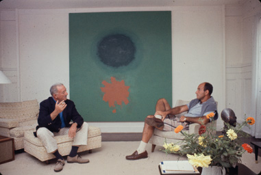 Adolph Gottlieb with collector Ben Heller at Gottlieb's home in East Hampton, NY, 1964. They are sitting in front of Petaloid #2 (1963) Adolph Gottlieb with collector Ben Heller at Gottlieb's home in East Hampton, NY, 1964. They are sitting in front of Petaloid #2 (1963)