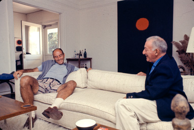 Adolph Gottlieb with collector Ben Heller at Gottlieb's home in East Hampton, NY, 1964.  They are sitting in front of Roman Three #2 (1963). photo:©Bob Adelman/Artwork:©Adolph and Esther Gottlieb Foundation