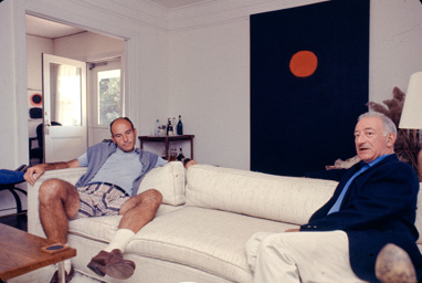 Adolph Gottlieb with collector Ben Heller at Gottlieb's home in East Hampton, NY, 1964.  They are sitting in front of Roman Three #2 (1963). photo:©Bob Adelman/Artwork:©Adolph and Esther Gottlieb Foundation