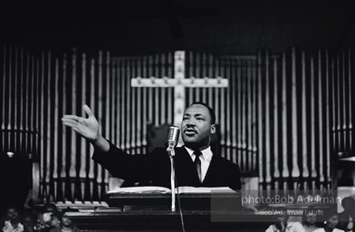 During a mass meeting at the 16th Street Baptist Church, King urges his supporters to join the demonstrations,  Birmingham,  Alabama.  1963