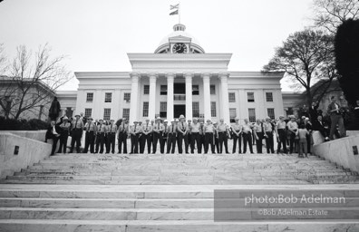 Officers guard the entrance of the state capitol, on whose steps Jefferson Davis took the oath of office as president of the Confederacy, Montgomery, Alabama.  1965