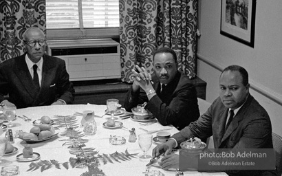 A. Phillip Randolph, Martin Luther King Jr., and James Farmer, Civil rights leaders meet at a private lunch to plan the march on Washington. New York City, Summer, 1963.