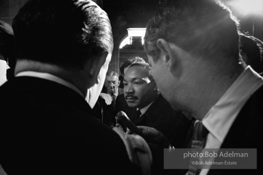 King gives a press conference after a federal judge, Frank Johnson, rules that the Selma-to-Montgomery march can proceed, Montgomery,  Alabama.  1965