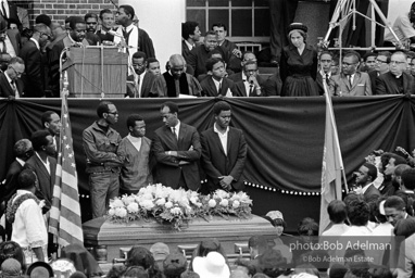Rev. Ralph Abernathy speaking at the King memorial service, Rosa Parks, who is said to have cried through the entire memorial service at Morehouse College, can be seen standing at right and gazing down on King’s casket. King was eulogized by Morehouse president Dr. Benjamin Mays, who had given the benediction at the March on Washington, where King gave his “I Have a Dream
Speech.” Morehouse College, Atlanta 1968