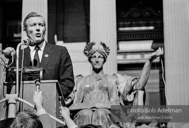 Mayor John V. Lindsay of New York speaks in fron of the Law Library at Columbia University. Moratorium Day. October 15, 1969/