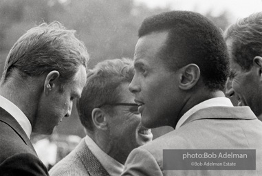 Marlone Brando, Burt Lancaster, Harry Belefonte, Charlton Heston confer on the steps of the Lincoln Memorial during the ceremonies.