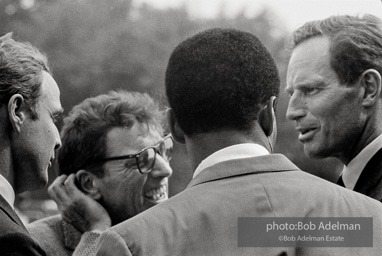 Marlone Brando, Burt Lancaster, Harry Belefonte, Charlton Heston confer on the steps of the Lincoln Memorial during the ceremonies.