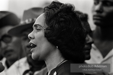 At the Poor Peoples protest march
in front of the Lincoln Memorial, Mrs. Coretta Scott King sings as part of her speech. Poor peoples march, Washington D.C. 1968.