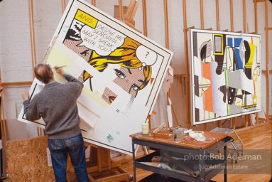 Roy Lichtenstein works on 'Reflections on Senorita (Reflections on Painter and Model in background). 1989. photo:©Bob Adelman Estate, Artwork©Estate of Roy Lichtenstein