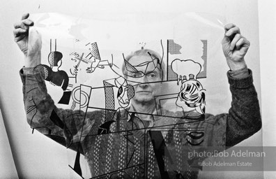 Roy Lichtenstein inspecting a litho film for the Tel Aviv mural. Tyler Graphics Studio, Mt. Kisco, NY. 1989. photo:©Bob Adelman Estate, Artwork©Estate of Roy Lichtenstein