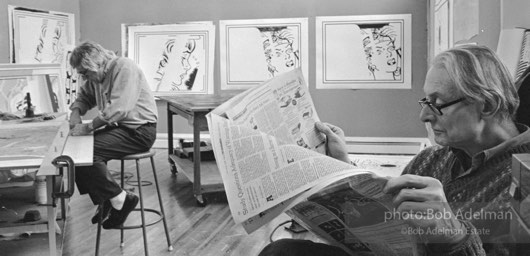 Roy Lichtenstein at Tyler Graphics Studio, Mt. Kisco, NY. 1989. photo:©Bob Adelman Estate, Artwork©Estate of Roy Lichtenstein