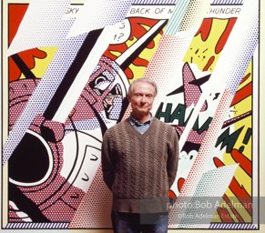 Roy Lichtenstein in his studio with Reflections: Whaaam! photo:©Bob Adelman Estate, Artwork©Estate of Roy Lichtenstein