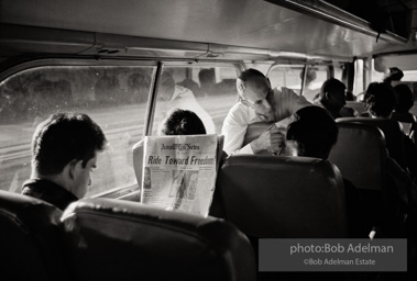 “Ride Toward Freedom,” on a Freedom Ride bus from New York to Baltimore, 1961
New York CORE members on their way to Maryland as part of the Route 40 Project to desegregate restaurants. “Ride Toward Freedom,” on a Freedom Ride bus from New York to Baltimore, 1961
New York CORE members on their way to Maryland as part of the Route 40 Project to desegregate restaurants.