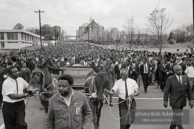 Free at last: King goes to his rest,  Atlanta, Georgia.   1968-


“With more than 50,000 mourners from all over the world following, King’s earthly remains were borne on a simple country wagon pulled by two mules. It was fitting: A wooden wagon was basic transport for the disadvantaged and disinherited, the people he served in his very public ministry. King’s life was dedicated to service. He studied, strategized, exhorted, prayed, marched, pleaded, protested, negotiated and spoke, all to remedy long-standing injustices. “In his Gehenna he suffered vilification, numerous jailings, ’round-the-clock telephone threats, stonings, several bombings, a stabbing, repeated beatings, cross burnings, nervous exhaustion and, finally, an assassin’s bullet. King died serving the dispossessed, and they understood this and adored him for it. Country people would and did drop to their knees as he passed, bawling out,     ‘de Lawd!’”