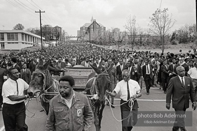 Free at last: King goes to his rest, Atlanta, Georgia. 1968-
“With more than 50,000 mourners from all over the world following, King’s earthly remains were borne on a simple country wagon pulled by two mules. It was fitting: A wooden wagon was basic transport for the disadvantaged and disinherited, the people he served in his very public ministry. King’s life was dedicated to service. He studied, strategized, exhorted, prayed, marched, pleaded, protested, negotiated and spoke, all to remedy long-standing injustices. “In his Gehenna he suffered vilification, numerous jailings, ’round-the-clock telephone threats, stonings, several bombings, a stabbing, repeated beatings, cross burnings, nervous exhaustion and, finally, an assassin’s bullet. King died serving the dispossessed, and they understood this and adored him for it. Country people would and did drop to their knees as he passed, bawling out, ‘de Lawd!’” Free at last: King goes to his rest, Atlanta, Georgia. 1968-
“With more than 50,000 mourners from all over the world following, King’s earthly remains were borne on a simple country wagon pulled by two mules. It was fitting: A wooden wagon was basic transport for the disadvantaged and disinherited, the people he served in his very public ministry. King’s life was dedicated to service. He studied, strategized, exhorted, prayed, marched, pleaded, protested, negotiated and spoke, all to remedy long-standing injustices. “In his Gehenna he suffered vilification, numerous jailings, ’round-the-clock telephone threats, stonings, several bombings, a stabbing, repeated beatings, cross burnings, nervous exhaustion and, finally, an assassin’s bullet. King died serving the dispossessed, and they understood this and adored him for it. Country people would and did drop to their knees as he passed, bawling out, ‘de Lawd!’”