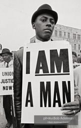 Mourner with sign at the King memorial service, Memphis 1968. The “I AM A MAN” sign was one of the emblems of the Memphis sanitation workers
strike. Mourner with sign at the King memorial service, Memphis 1968. The “I AM A MAN” sign was one of the emblems of the Memphis sanitation workers
strike.