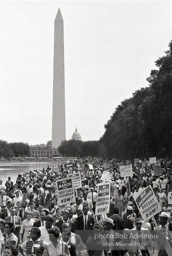 Marching along side the reflecting pool, protestors en route to the Lincoln Memorial with the Washington Monument and Capital Dome in the backround. Washington, D.C. August 28, 1963.