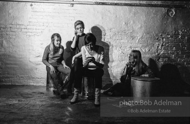 left to right: Bibbe Hanson, Edie Sedgwick, Pat Hartlet and Sandy Kirkland during the filming of Prison. The Factory, 1965.