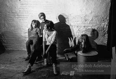 left to right: Bibbe Hanson, Edie Sedgwick, Pat Hartlet and Sandy Kirkland during the filming of Prison. The Factory, 1965.