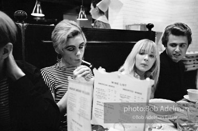 Andy Warhol, Edie Sedgwick, Bibi Hanson and Gerard Malanga at Max's Kansas City. New York City, 1965.