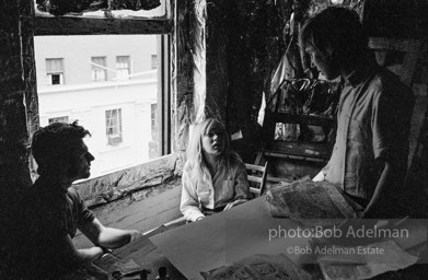 Gerard Melanga, Bibbi Hanson and Chuck Wein at Warhol's Factory in New York City, 1965.