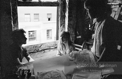 Gerard Melanga, Bibbi Hanson and Chuck Wein at Warhol's Factory in New York City, 1965.