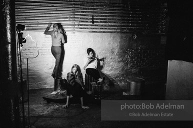 Bibbe Hanson, Sandy Kirkland, Pat Hartley and Edie Sedgwick (kneeling) during the filming of Prison. The Factory, 1965.