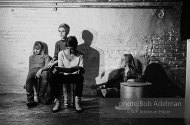 left to right: Bibbe Hanson, Edie Sedgwick, Pat Hartlet and Sandy Kirkland during the filming of Prison. The Factory, 1965.